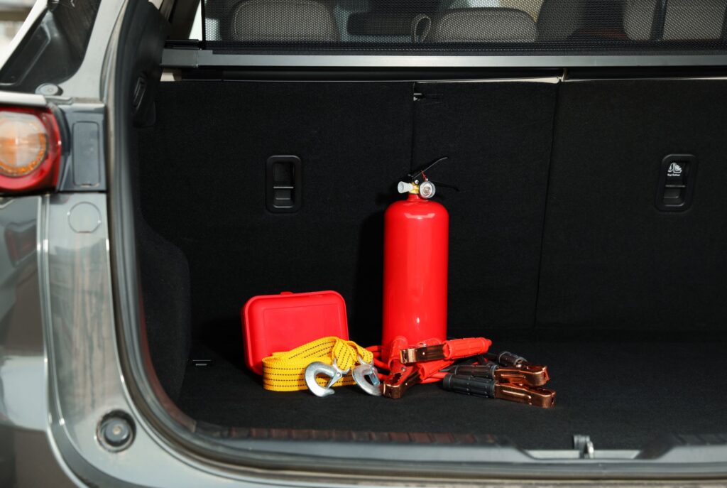 trunk of car with emergency kit